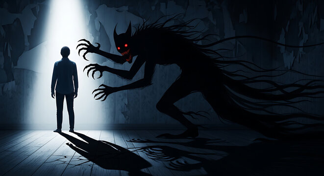 A man stands frozen in fear as a monstrous creature emerges from the shadows in a dark and ominous cave.