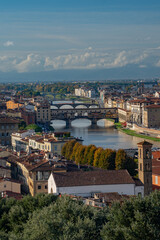 Obraz premium Vertical panoramic view of Ponte Vecchio bridge in Florence. Historic architecture of Tuscany and Arno river at sunset, Italy.