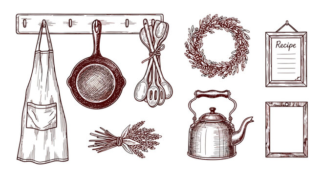 An outline sketch vector illustration of kitchen items on a hook including apron, frying pan, utensils, and tea kettle with herbs and frame.