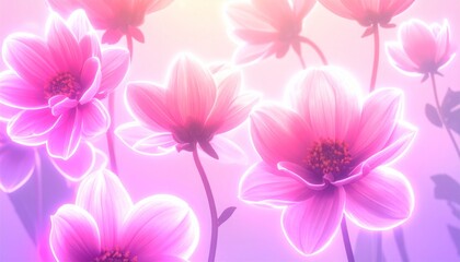 Obraz premium abstract flower background, glowing neon flowers in pink and purple tones, soft light bloom, dreamy atmosphere, gradient background, modern digital art style, smooth and clean, high resolution,