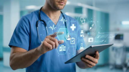 Obraz premium Male healthcare professional using futuristic medical tablet with holographic patient data interface