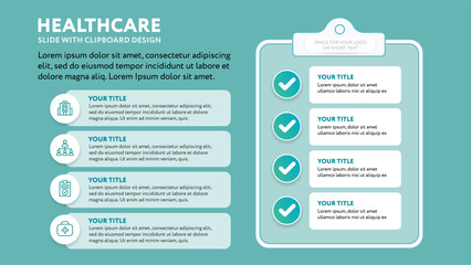Naklejka premium Medical business presentation slide template with clipboard checklist - modern minimalist design with line icons in flat style - teal green background