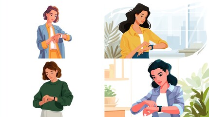 Woman checking smartwatch in various scenarios