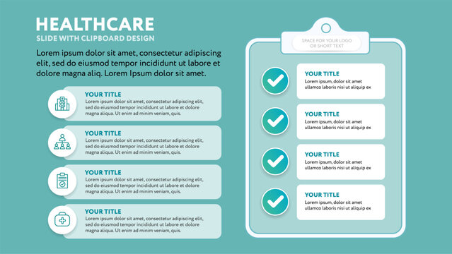 Medical business presentation slide template with clipboard checklist - modern minimalist design with line icons in flat style - teal green background