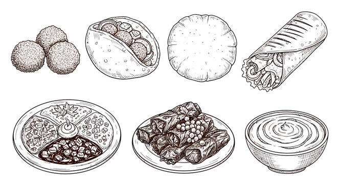An outline sketch vector illustration of various traditional Middle Eastern desserts and sweet treats on plates and bowls.