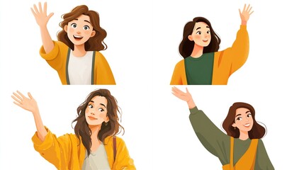 Cheerful woman waving hand in different poses