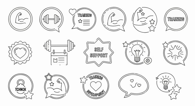 Collection of simple line art icons related to fitness, training, and self-improvement