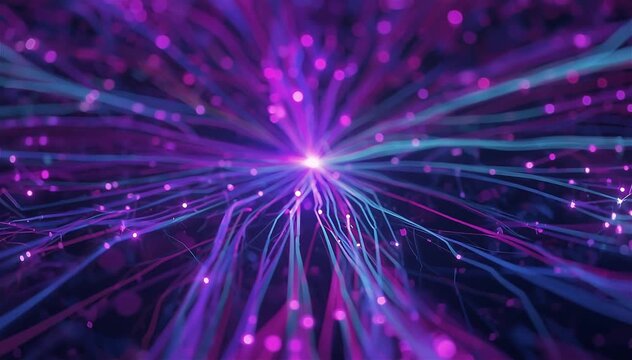 Forward-moving data streams splitting into multiple possible paths, then converging into a single predicted outcome, glowing purple and cyan tones