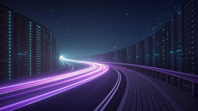 Forward-moving data streams splitting into multiple possible paths, then converging into a single predicted outcome, glowing purple and cyan tones