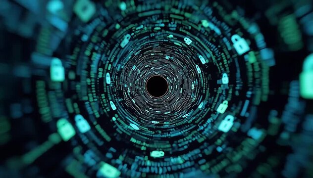 Secure tunnel of rotating geometric patterns with encrypted data streams flowing inside, glowing green and blue symbols, subtle lock icons embedded, smooth forward motion