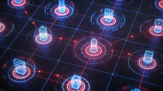 Abstract top-down view of moving glowing targets tracked by scanning data lines and grids, each object surrounded by dynamic data overlays and tracking paths, blue and red highlights