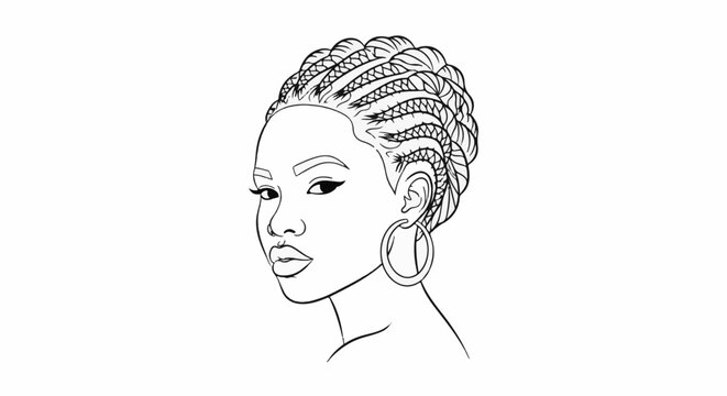 Line art portrait of a woman with intricate braided hairstyle and hoop earrings