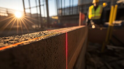Fototapeta premium chro. A red laser line projected on a textured concrete wall at a construction site. real-estate listings.