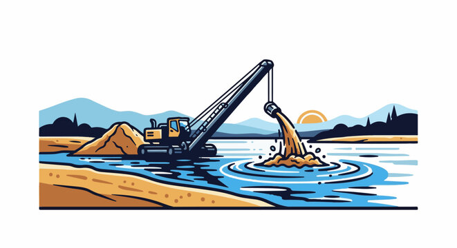 Excavator deposits sand into water at sunset