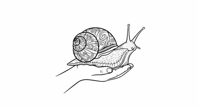 Intricate snail on a cupped hand, black and white line drawing
