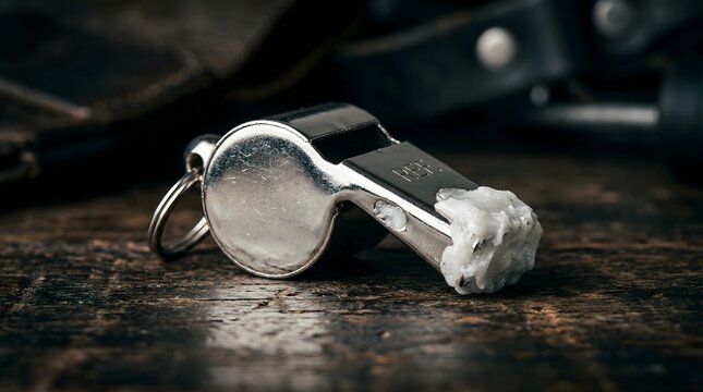 Close-up of a silver metal referee whistle with white wax or gum blocking the mouthpiece on a dark rustic wooden surface in dramatic lighting