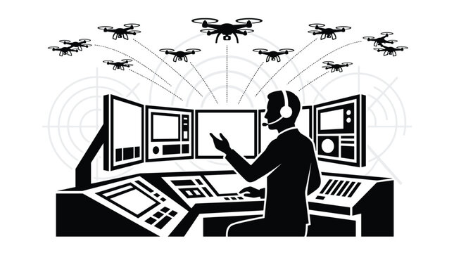 A skilled operator in a high-tech control room manages a large swarm of autonomous drones, depicted in a stark black and white silhouette style with radar graphics.