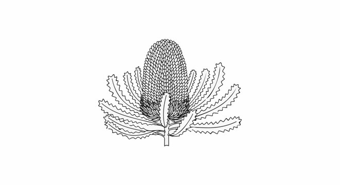Detailed black ink drawing of a banksia flower with serrated leaves