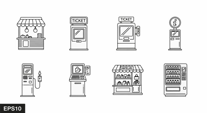 Diverse icons representing service kiosks, ticket machines, charging stations, and shops