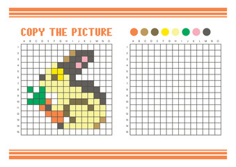 Fototapeta premium Copy the picture grid drawing worksheet for kids. Pixel art rabbit