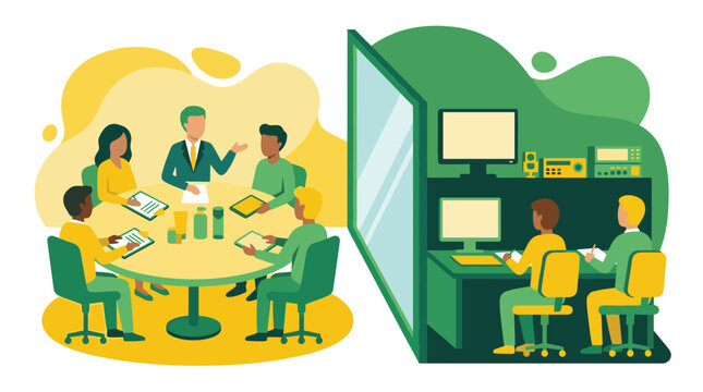 A detailed illustration depicts a business focus group discussion at a round table, being observed by researchers in a separate control room through a one-way mirror.