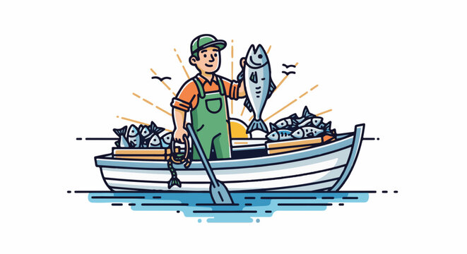 Fisherman in boat with large catch of fish, at sunrise