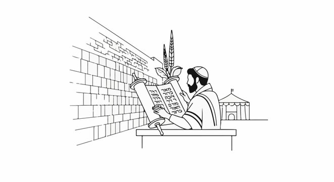 Man in traditional attire reads scroll against brick wall near tent
