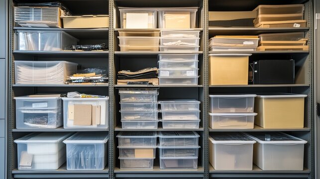 confiscated. Organized storage shelves with confiscated items in clear containers in an institutional setting. real-estate listings.