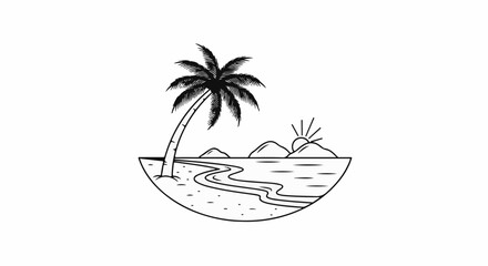 Obraz premium Minimalist black and white sketch of a tropical beach scene with a palm tree
