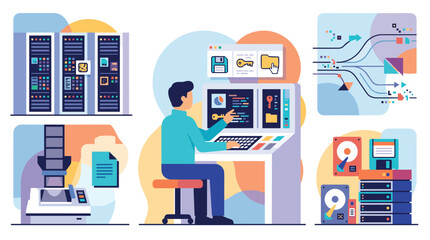 Fototapeta premium A comprehensive set of flat design illustrations showing various aspects of data management, including server racks, a technician at a console, and data processing concepts.