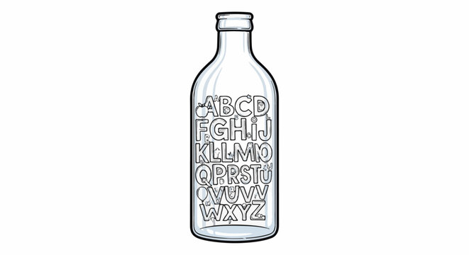 Glass bottle filled with alphabet letters and small objects