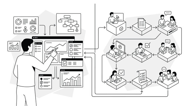 A detailed line art illustration depicts a project manager interacting with a digital dashboard to optimize a complex business workflow and team collaboration process.