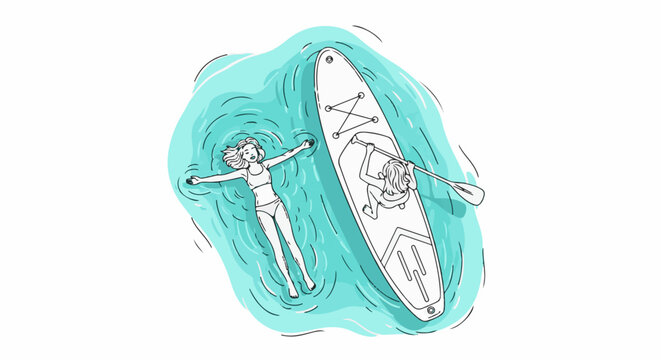 Overhead view of a person floating in water next to a paddleboard
