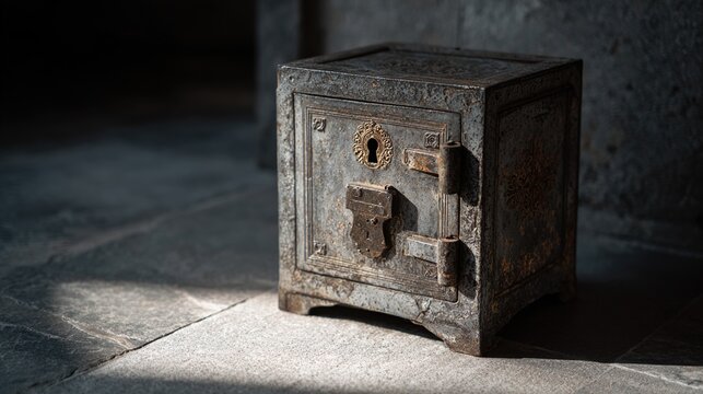 firmly. An antique iron safe with its door shut on a stone floor, keyhole in shadow. real-estate listings.