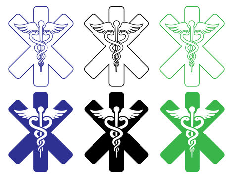 star of life, medical, caduceus, healthcare, emergency symbol set showing ambulance icon variations in outline and solid styles for hospital, rescue, paramedic, first aid and clinical use