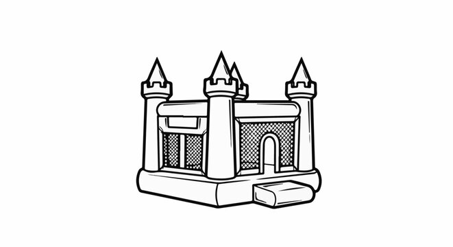Outline drawing of a cartoon-style inflatable bounce house castle