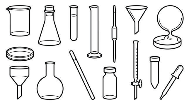 A pristine set of scientific laboratory glassware is depicted in a clean black and white line art style, showcasing the precise outlines of each essential research instrument.