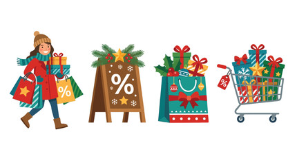 Fototapeta premium A cheerful woman in winter clothes carrying many shopping bags and gifts, alongside a sale sign, a festive shopping bag, and a cart full of presents.