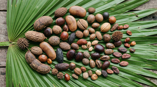 Assortment of tropical nuts and seeds on palm leaf.
