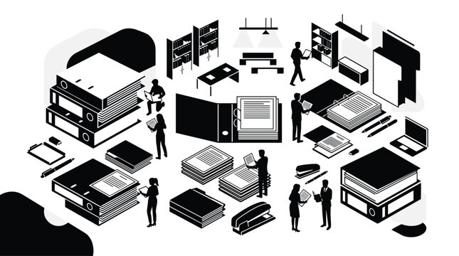 A bustling monochrome isometric office scene depicts diligent workers organizing massive stacks of binders and documents within a meticulously arranged modern workspace.