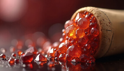 Fototapeta premium Macro view of red tartrate crystals wine diamonds on cork bottom. Natural sediment from aged wine formation. Details of fermentation precipitate.