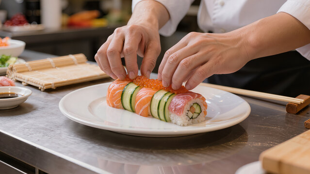 Un chef cuisinier assemble avec pr&eacute;cision un rouleau de sushi