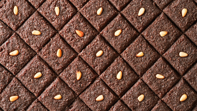 Overhead-view of Baked Kibbeh - Lebanese Kibbeh Bil Sanieh. A large rectangular tray of dense, dark-brown ground meat and bulgur wheat. Concept of popular meals of Lebanon. 