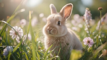 Fototapeta premium Brown Rabbit in Flowers Cute Natural Animal Background