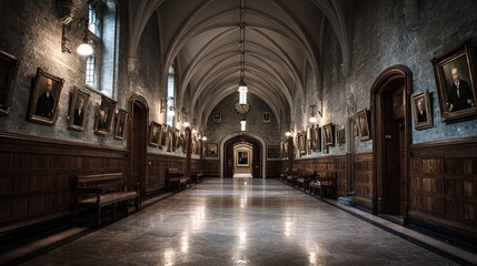 Obraz premium deans. Grand corridor in an old library lined with portraits of past deans. real-estate listings, architecture portfolios, designed for architectural facade and classical detail presentations.