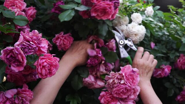 Gardener pruning blooming roses using shears in garden