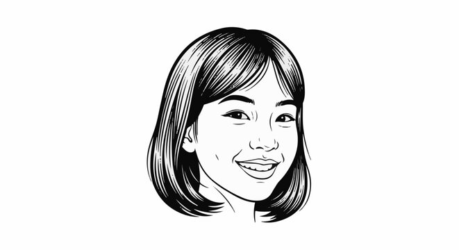 A stylized black and white portrait of a young woman with short hair