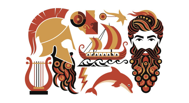 Ancient Greek Mythology Icon Set with Zeus Spartan Helmet Trireme Ship Lyre and Dolphin Vector Illustration