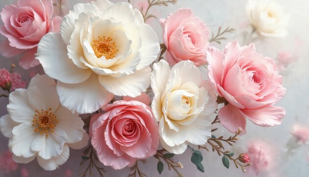 Oil painting of soft pink and white roses with thick impasto texture. Floral bouquet art with delicate petals and muted daylight tones. Botanical artwork for elegant decor.
