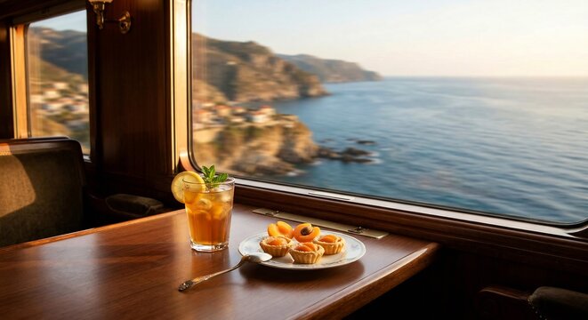 Iced tea and apricot tarts on luxury train window table